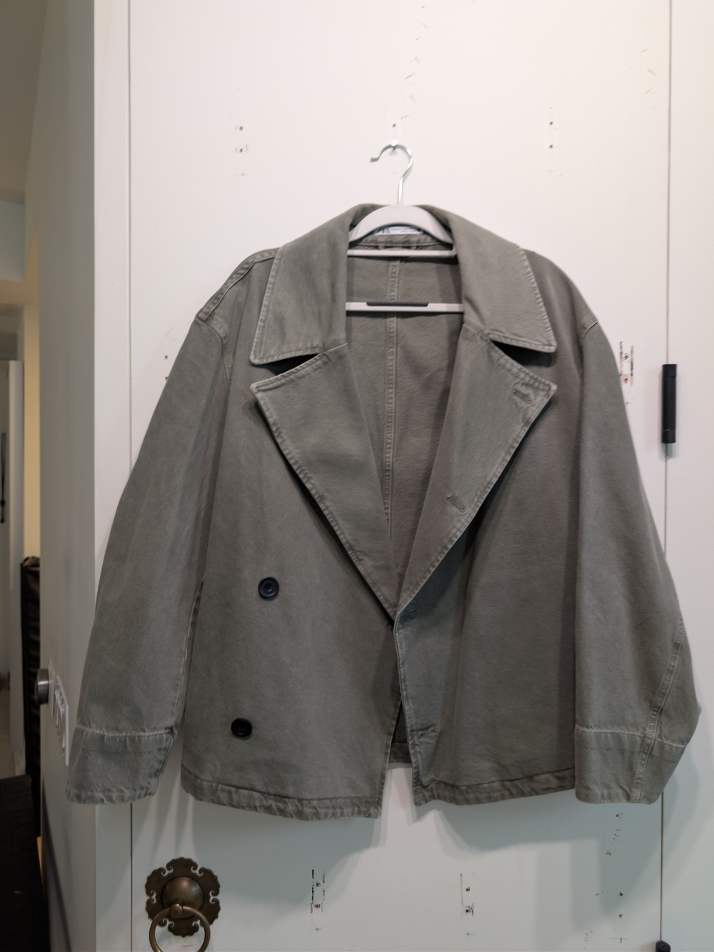 Zara Men's Oversized Double-Breasted Trench Coat - Olive Gray